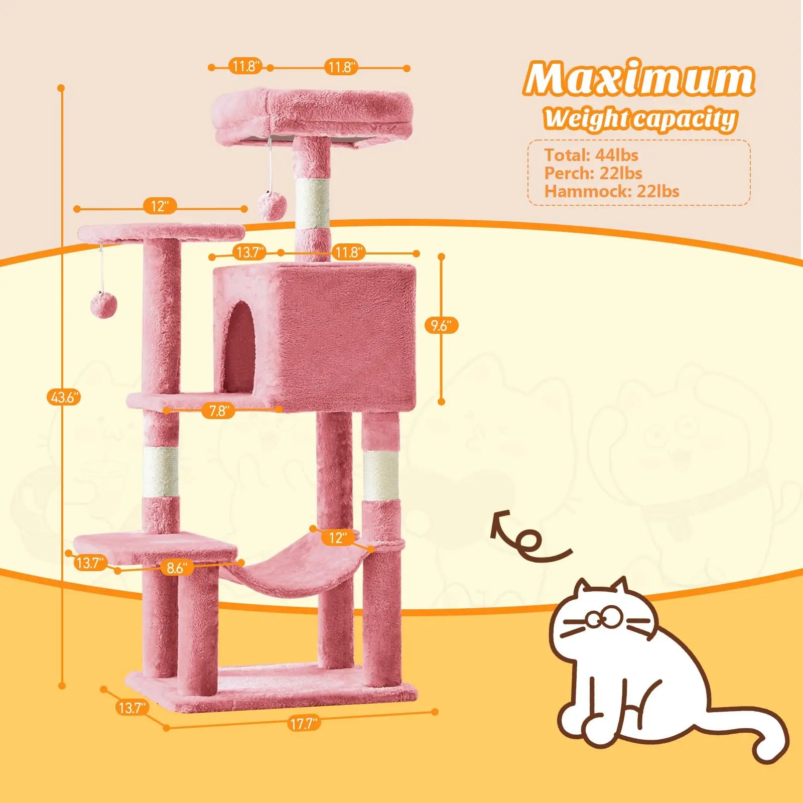 44 Inch Cat Tree Tower, Cat Climbing Tower with Natural Sisal Scratching Posts, Hammock, Pet Condo for Indoor Cats