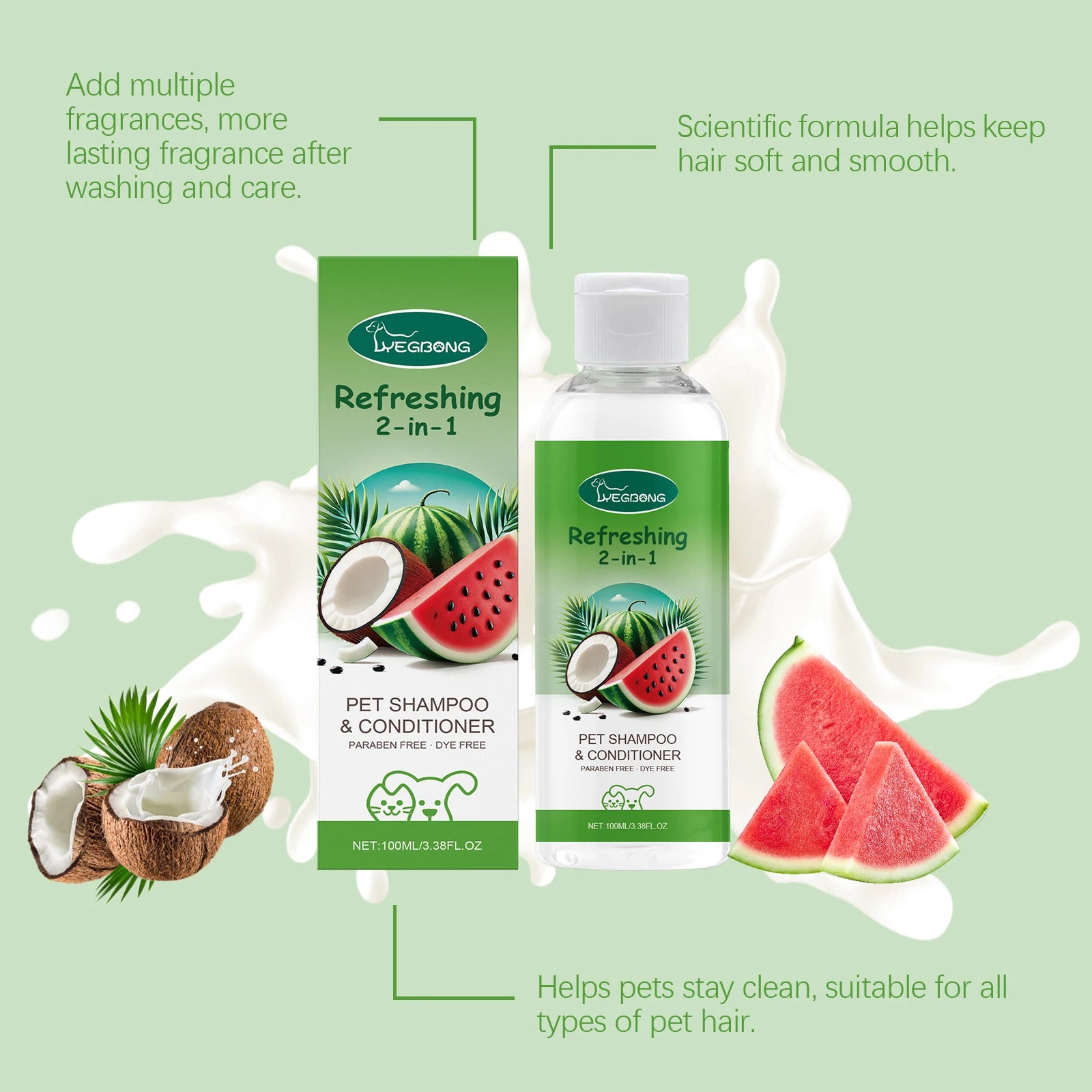 100ml Pet Shampoo Conditioner 2-In-1 Watermelon Flavor Refreshing Cleanse And Condition Smooth Fur Relieve Itching for Cats And