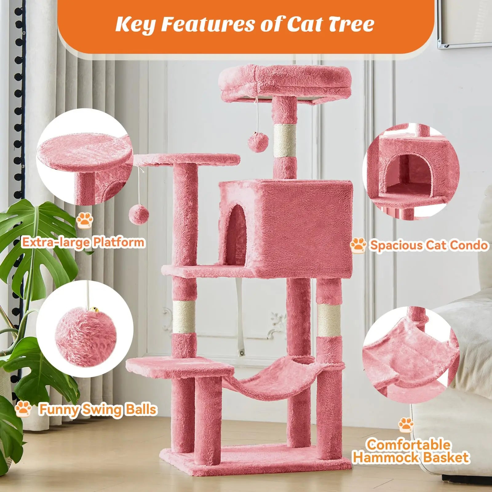 44 Inch Cat Tree Tower, Cat Climbing Tower with Natural Sisal Scratching Posts, Hammock, Pet Condo for Indoor Cats