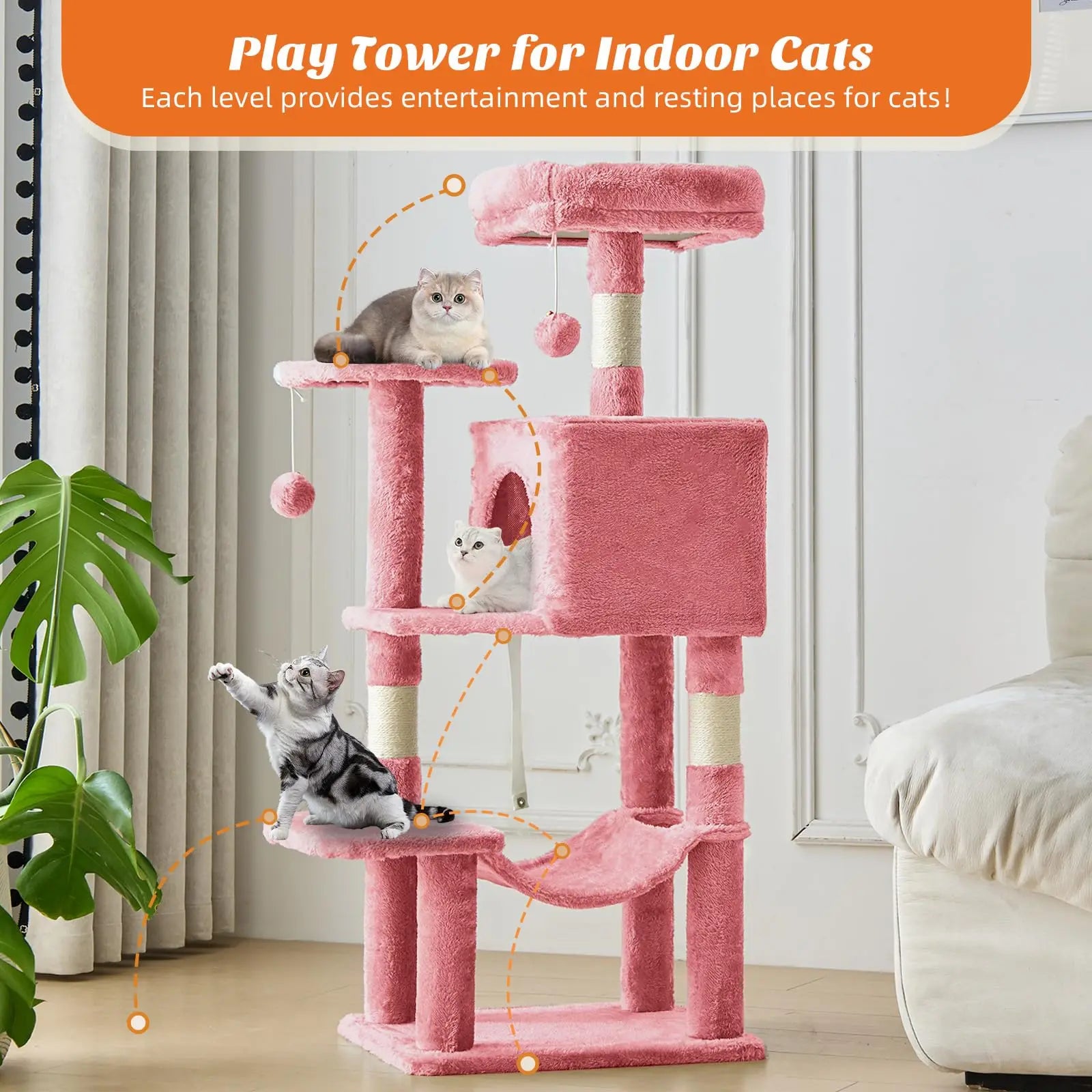 44 Inch Cat Tree Tower, Cat Climbing Tower with Natural Sisal Scratching Posts, Hammock, Pet Condo for Indoor Cats