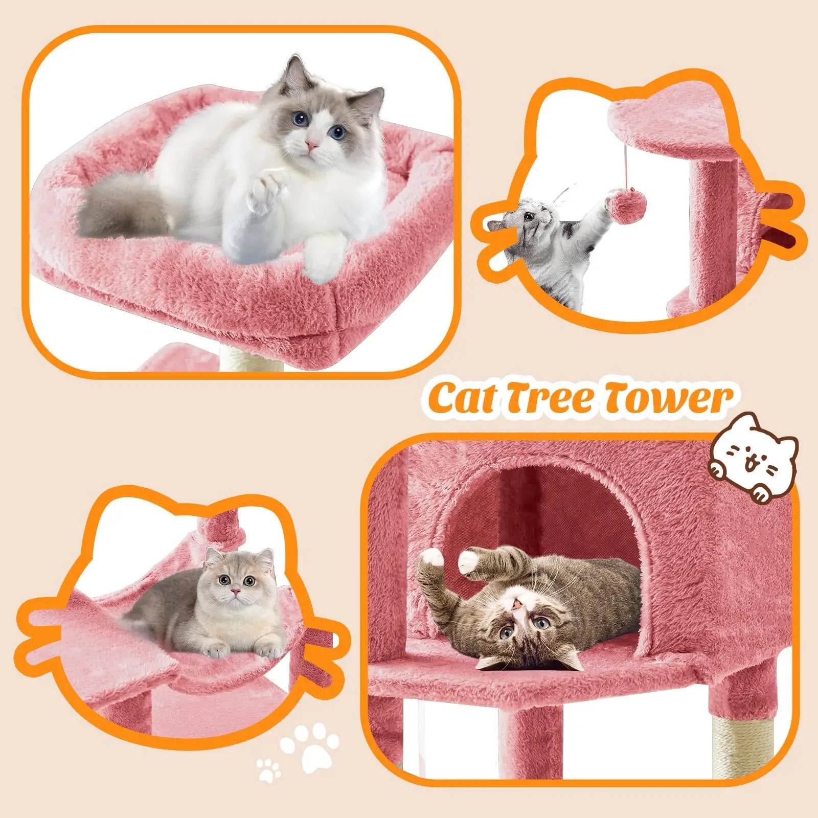 44 Inch Cat Tree Tower, Cat Climbing Tower with Natural Sisal Scratching Posts, Hammock, Pet Condo for Indoor Cats