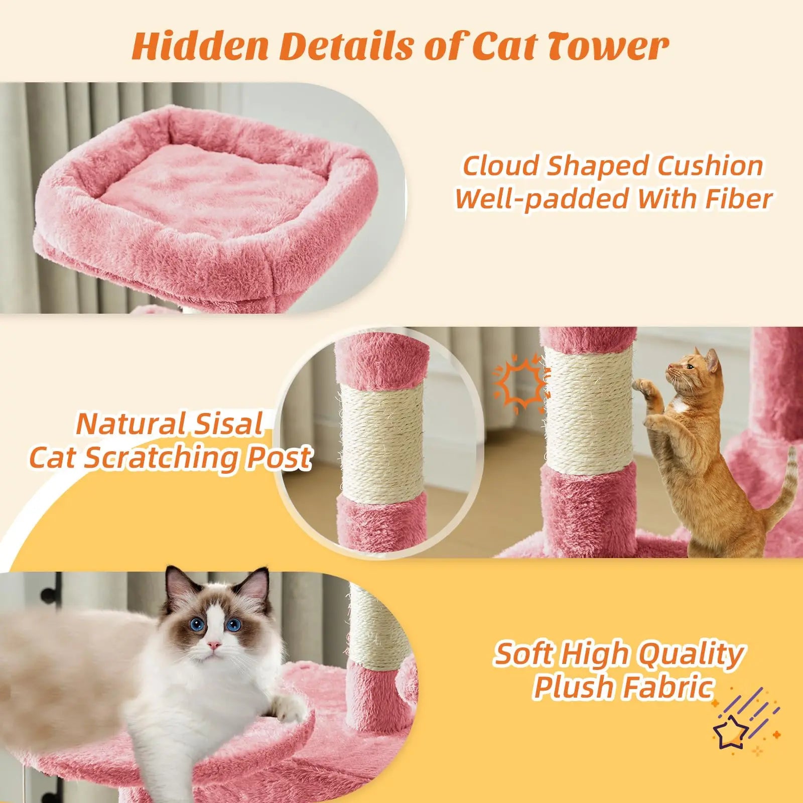 44 Inch Cat Tree Tower, Cat Climbing Tower with Natural Sisal Scratching Posts, Hammock, Pet Condo for Indoor Cats