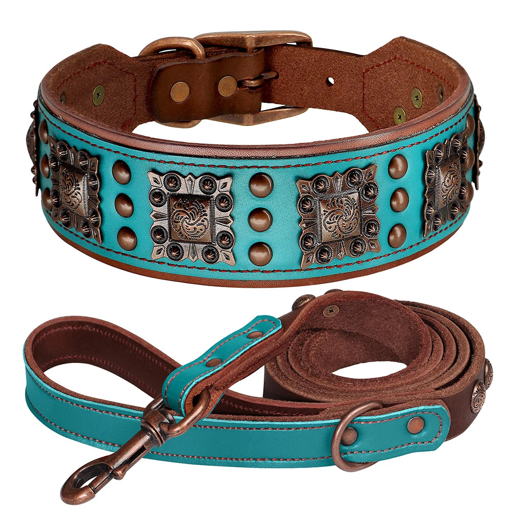 Genuine Leather Wide Dog Collar Leash Set Durable Padded Dog Collars Luxury Metal Rivet Pet Necklace With Rope for Dogs Pitbull