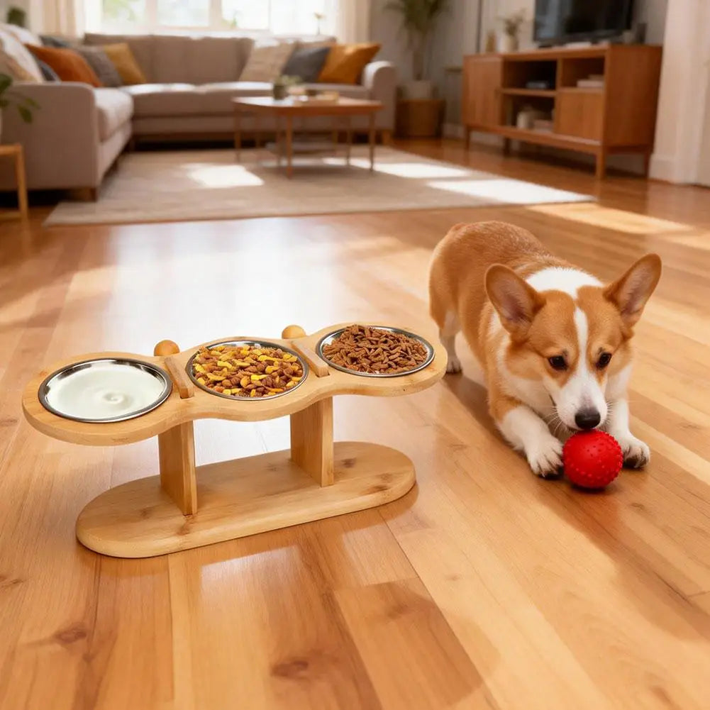 Cat Bowls Wood Elevated Dog Prevent Tipping Over Pet Bowl With 3 Stainless Steel Bowls Feeding & Watering Supplies For Pets