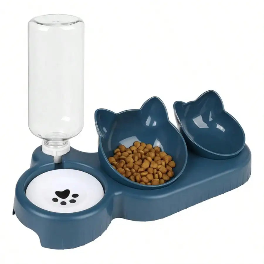 Triple Cat Bowls For Food And Water, Plastic Raised Cat Dishes, Automatic Water Bottle 3 In 1 Pet Bowls 2 Food Bowls And Water F