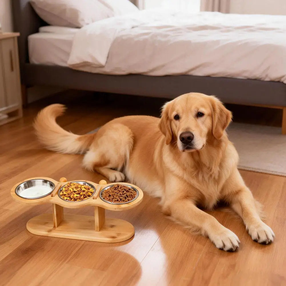 Cat Bowls Wood Elevated Dog Prevent Tipping Over Pet Bowl With 3 Stainless Steel Bowls Feeding & Watering Supplies For Pets