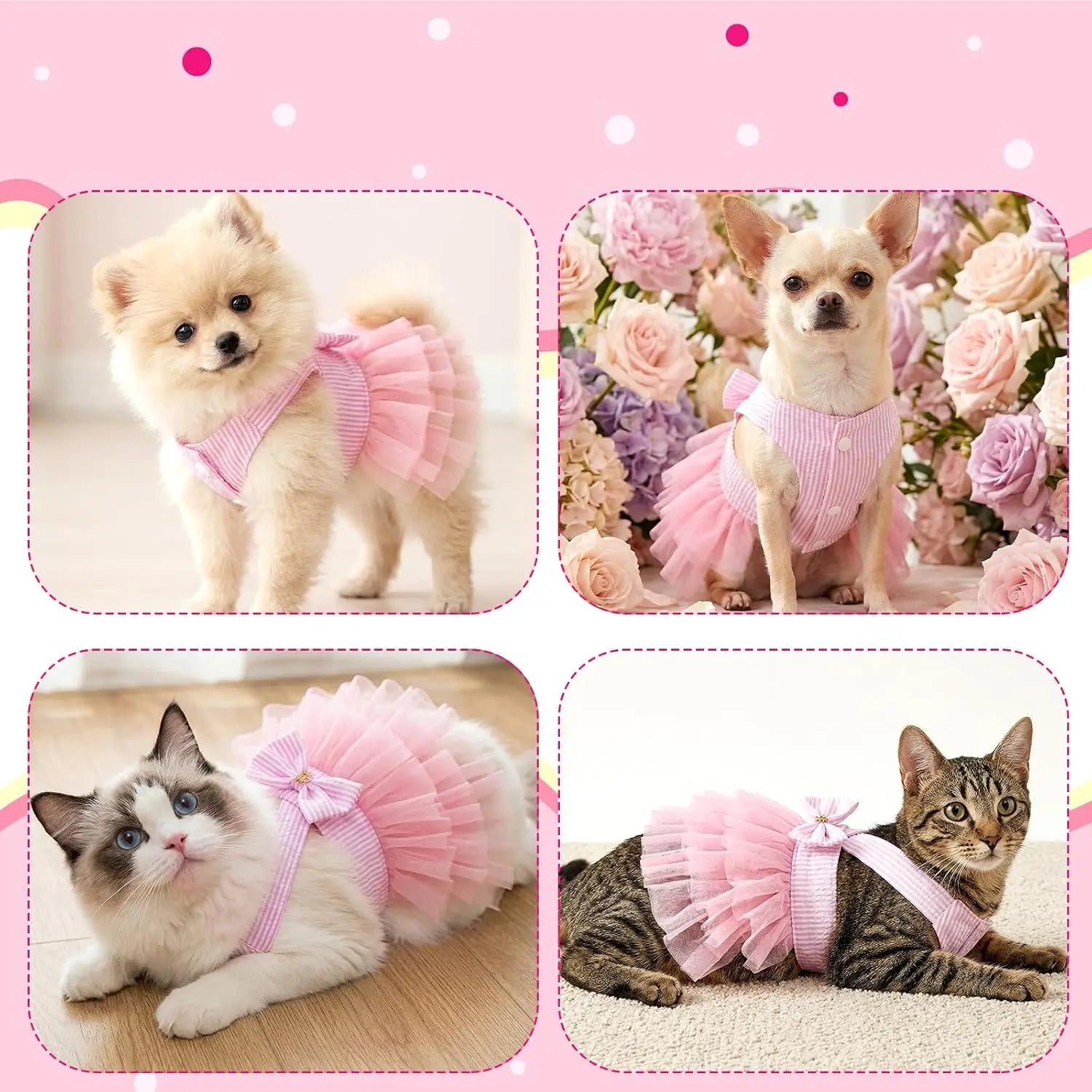 Pink Dog Dress with Bowknot Tutu for Small Dogs Cats Summer Pet Clothes