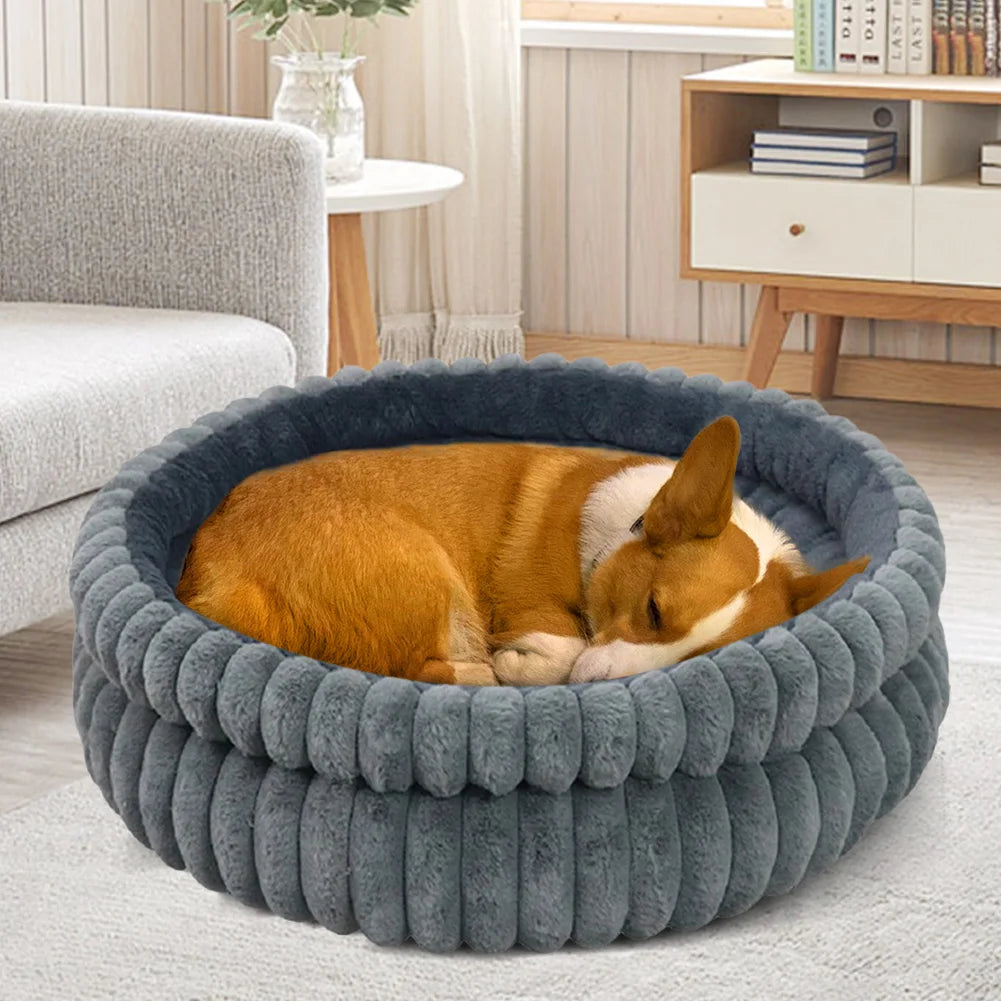 60cm Washable Round Cat Beds & Anti-Slip Bottom Dog Beds & Furniture Soft Plush Fur Pet Bed Load Capacity of 15 Kg for Indoor