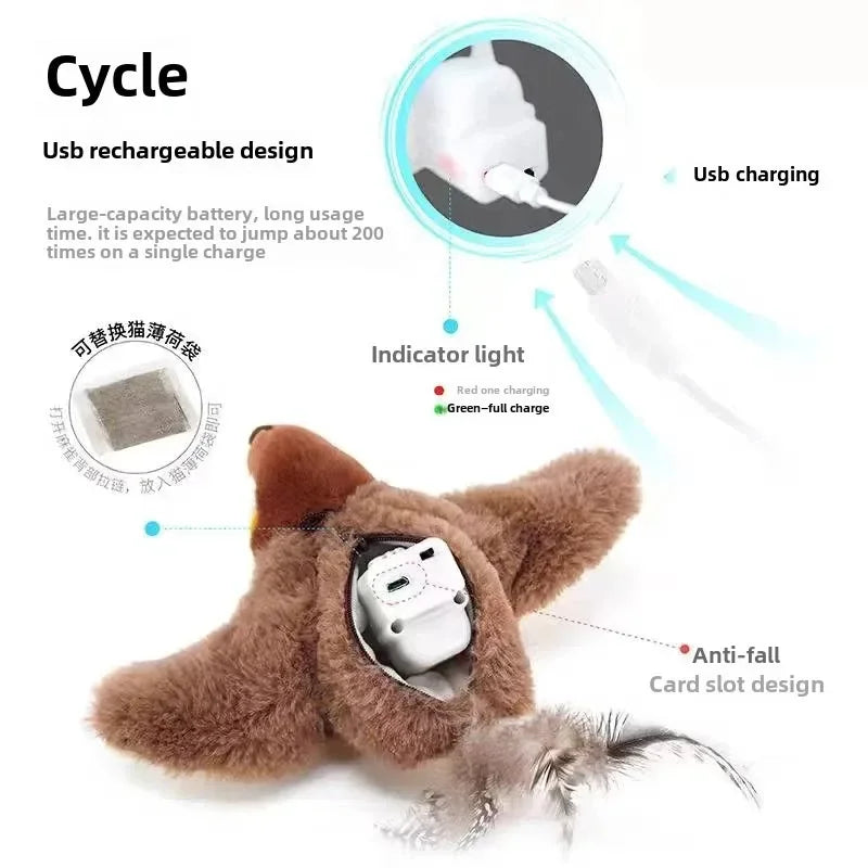 Rechargeable Cat Toy with Catnip - Touch Sensitive Flapping Chirping Bird Plush for Indoor Cats, Interactive Kitten Play