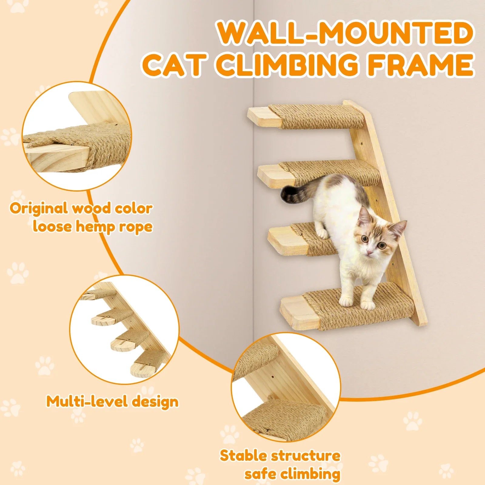 Cat Wall Stairs Wall Mounted Four Step Stairway Wood Cat Climbing Shelf With Sisal Rope Pet Furniture for Cat Platform Jumping