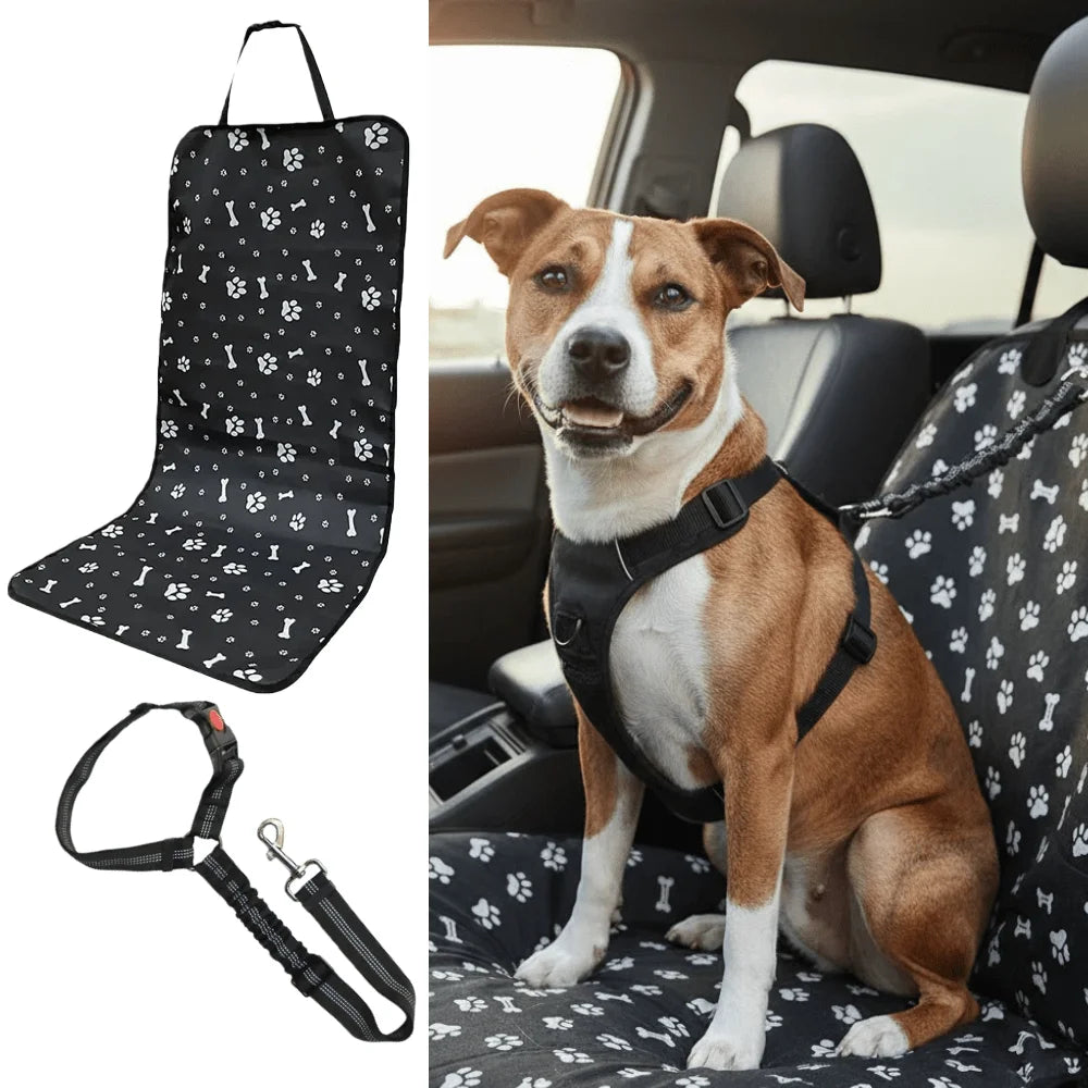 2 Pack Pet Car Travel Kit, Dog Car Seat Cover with Printed Anti-Scratch Pad & Adjustable Dog Leash, Universal Fit for Sedan & SUV, Waterproof Dirt-Proof Anti-Slip Scratch Resistant, Perfect for Daily Commute & Road Trip, Work