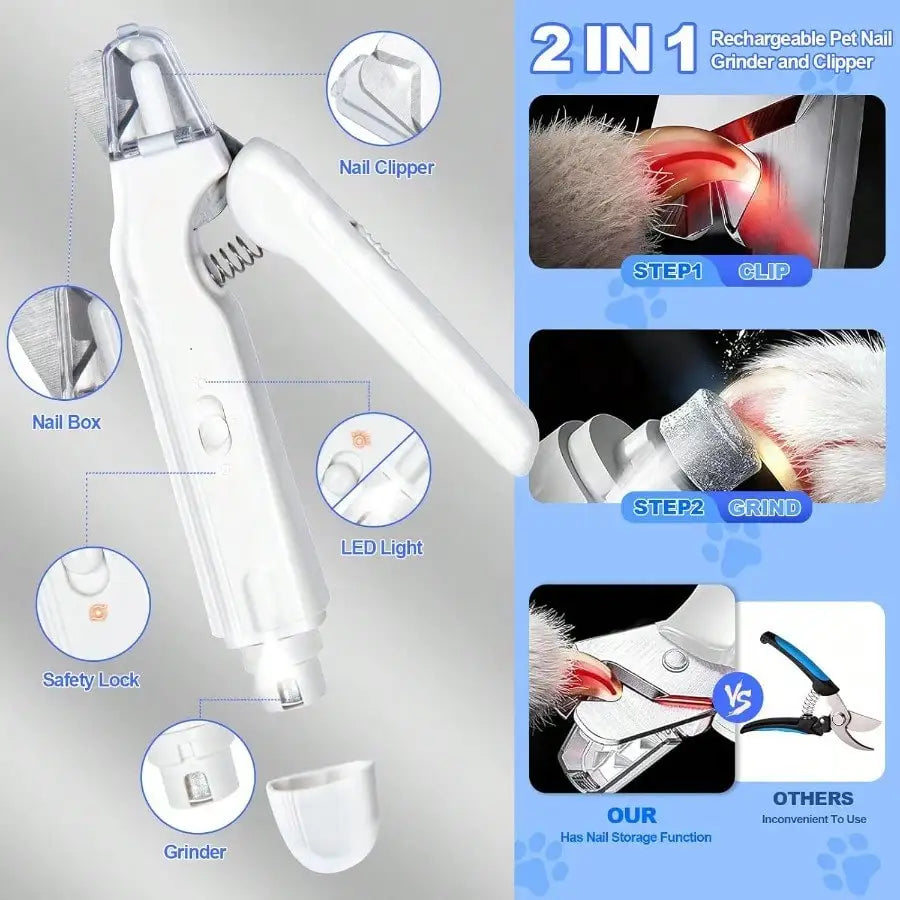 2-In-1 Dog Nail Clippers With Lights - Electric Pet Nail Grinder Quiet, Suitable For Small Large Dogs And Cats, LED Prevents Over-Cutting, USB-C Rechargeable Safety Protection Grooming Kit For Black Nails