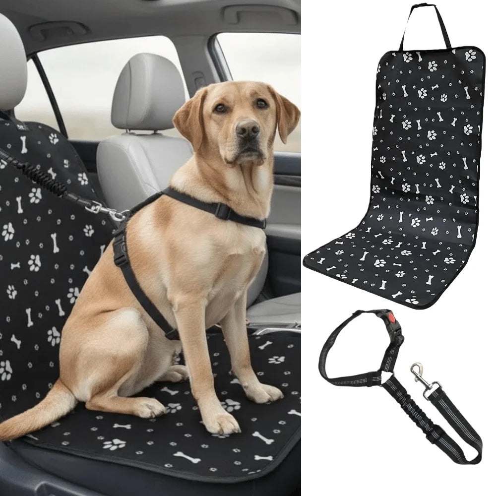 2 Pack Pet Car Travel Kit, Dog Car Seat Cover with Printed Anti-Scratch Pad & Adjustable Dog Leash, Universal Fit for Sedan & SUV, Waterproof Dirt-Proof Anti-Slip Scratch Resistant, Perfect for Daily Commute & Road Trip, Work