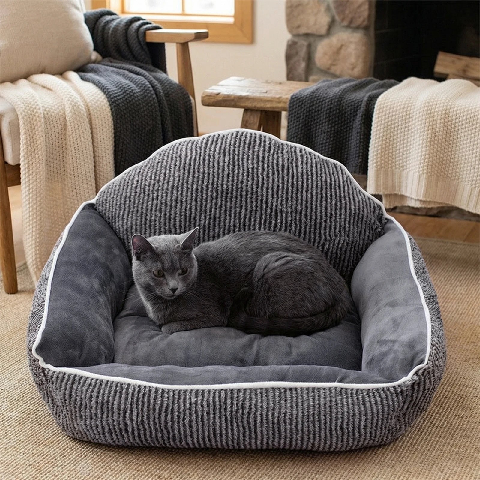 Striped Pet Sofa Bed 23.62x19.69in Plush Dog Bed Semi-Circular Shell Backp Design Machine-Washable for 0-50lbs Cats Dogs Rabbits