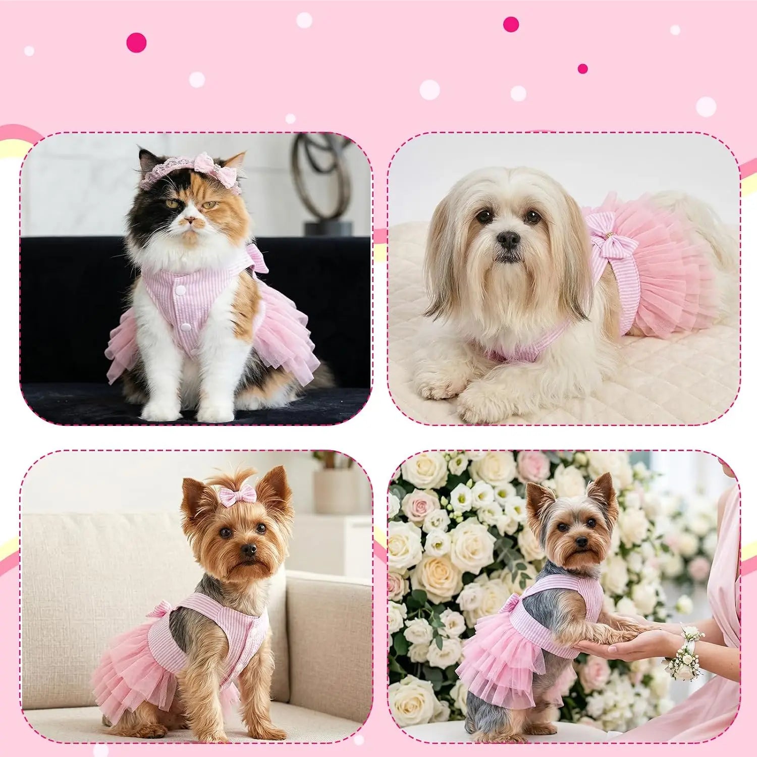 Pink Dog Dress with Bowknot Tutu for Small Dogs Cats Summer Pet Clothes