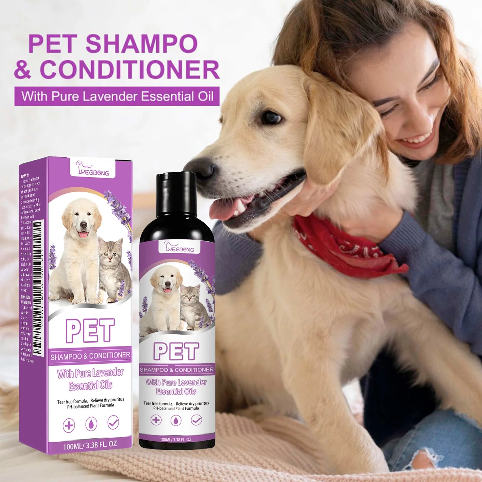 100ml Pet Shampoo And Conditioner Lavender Scent Soothe Skin Relieve Itch Deep Clean Dirt Pet Grooming Gel For Dogs And Cats