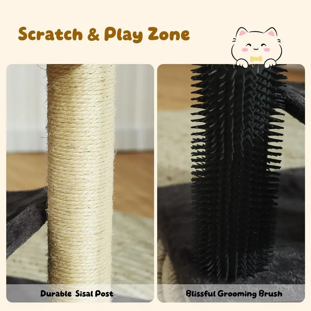 20-Inch Indoor Cat Tree Tower with Sisal Scratching Post, Plush Bed, Self-Groomer, and Hanging Toy Ball, Smoky Grey