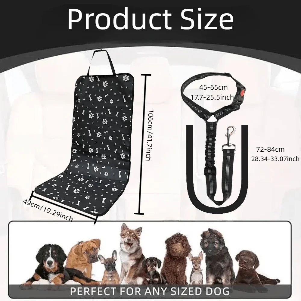 2 Pack Pet Car Travel Kit, Dog Car Seat Cover with Printed Anti-Scratch Pad & Adjustable Dog Leash, Universal Fit for Sedan & SUV, Waterproof Dirt-Proof Anti-Slip Scratch Resistant, Perfect for Daily Commute & Road Trip, Work