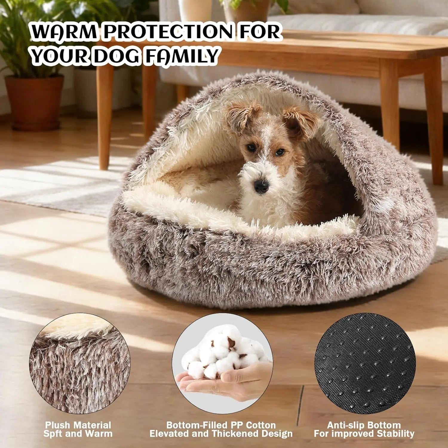 Round Hooded Donut Dog Bed for Small & Medium Pets - Plush Fluffy Anti-Anxiety Cat Cave Bed with Cover