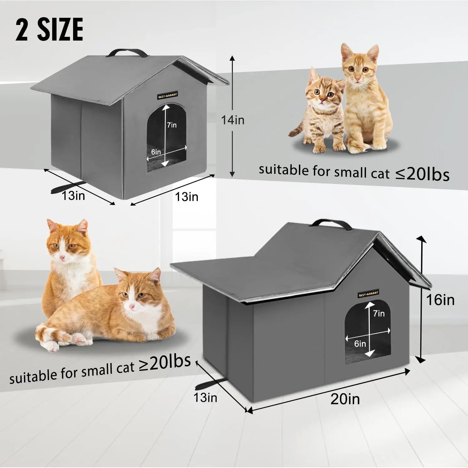 Insulated Outdoor Cat House with Mat and Clip, Weatherproof Pet Shelter for Cats Kittens Puppies, Grey Size M