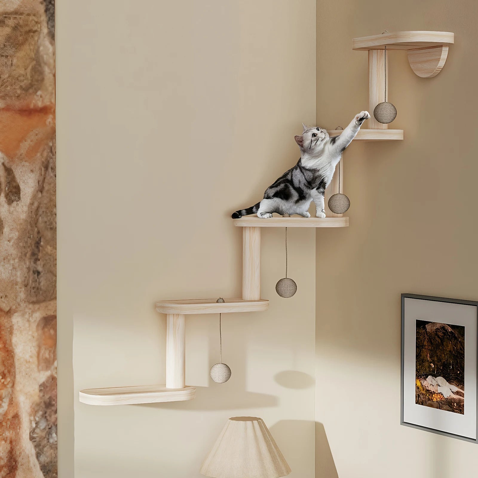 Wall Mounted Wooden Cat Climbing Frame with 5 Step Cat Climbing Shelves Wooden Cat Ladder Frame for Climb Play Nap Scratch