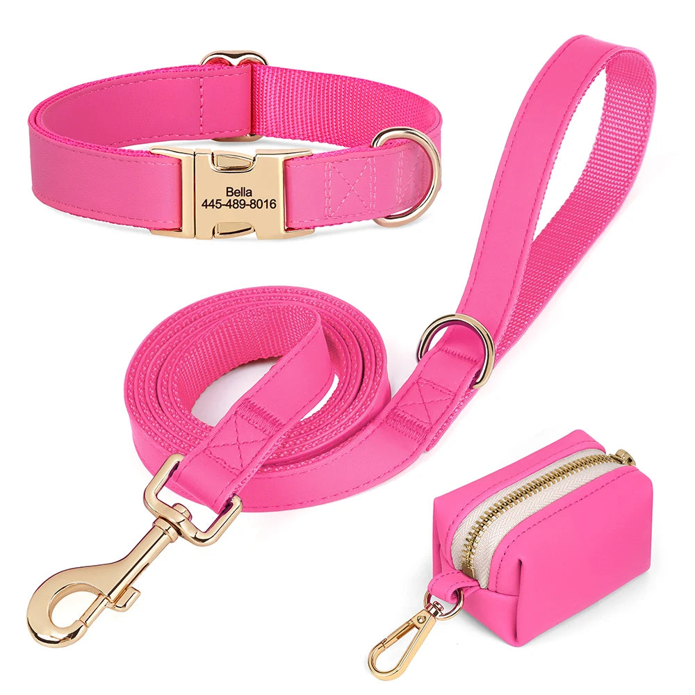 Personalized Dog Collar Leash Bag Set Custom PU Leather Dog Collars Colorful Pet Necklace With Leashes Poop Bag for Dogs Pug