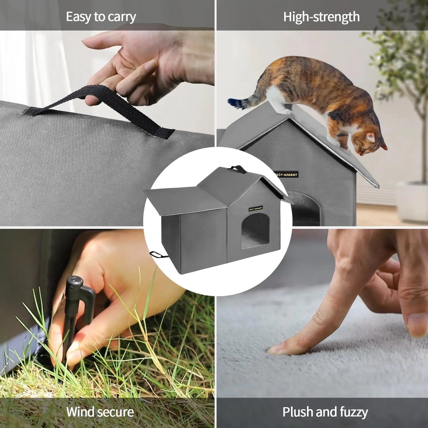 Insulated Outdoor Cat House with Mat and Clip, Weatherproof Pet Shelter for Cats Kittens Puppies, Grey Size M