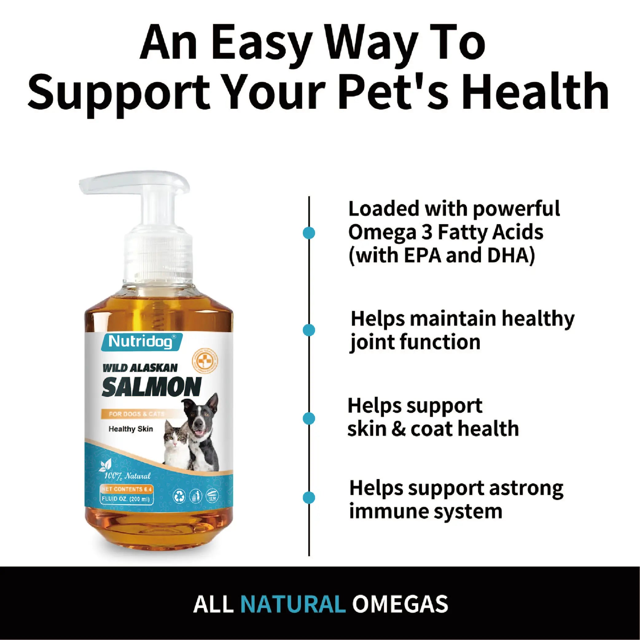 High Potency Omega-3 Pet Skin and Coat Health Supplements with Natural Wild Alaskan Salmon Oil for Dog & Cat-200ml
