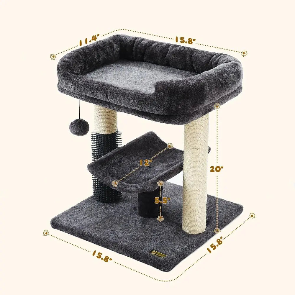 20-Inch Indoor Cat Tree Tower with Sisal Scratching Post, Plush Bed, Self-Groomer, and Hanging Toy Ball, Smoky Grey