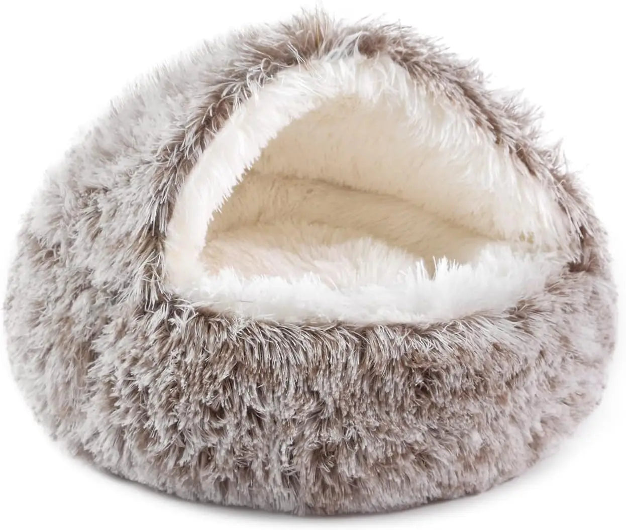 Round Hooded Donut Dog Bed for Small & Medium Pets - Plush Fluffy Anti-Anxiety Cat Cave Bed with Cover