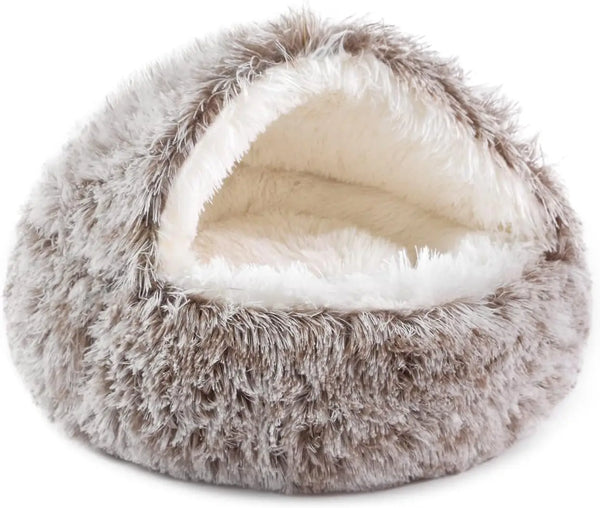 Round Hooded Donut Dog Bed for Small & Medium Pets - Plush Fluffy Anti-Anxiety Cat Cave Bed with Cover
