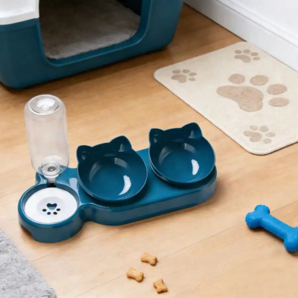 Triple Cat Bowls For Food And Water, Plastic Raised Cat Dishes, Automatic Water Bottle 3 In 1 Pet Bowls 2 Food Bowls And Water F