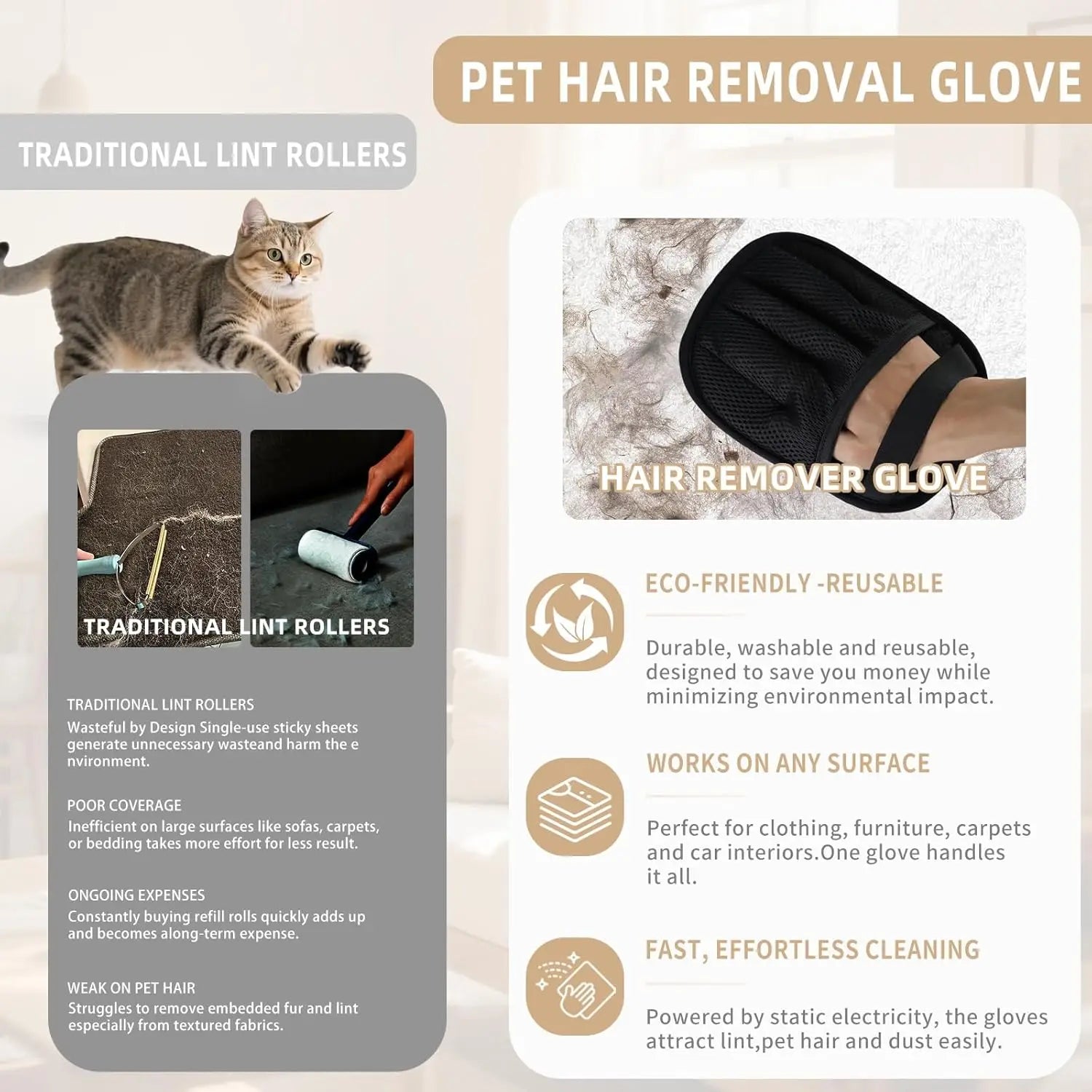 2 PCS Pet Hair Removal Gloves for Cats & Dogs, Five-Finger Electrostatic Magic Brush Tool (Black, L)
