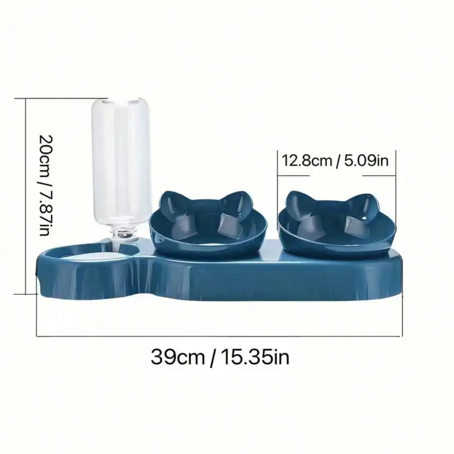 Triple Cat Bowls For Food And Water, Plastic Raised Cat Dishes, Automatic Water Bottle 3 In 1 Pet Bowls 2 Food Bowls And Water F