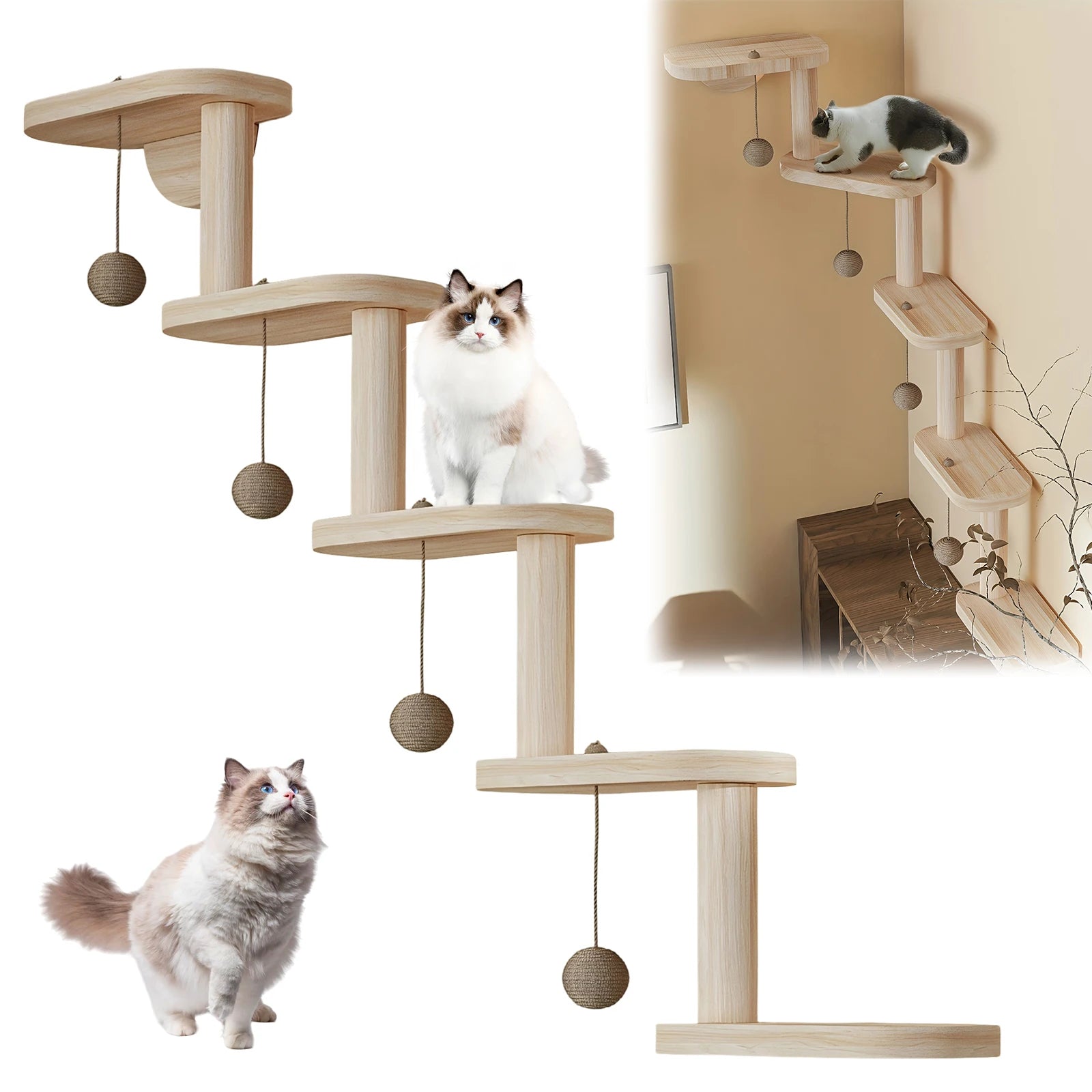 Wall Mounted Wooden Cat Climbing Frame with 5 Step Cat Climbing Shelves Wooden Cat Ladder Frame for Climb Play Nap Scratch