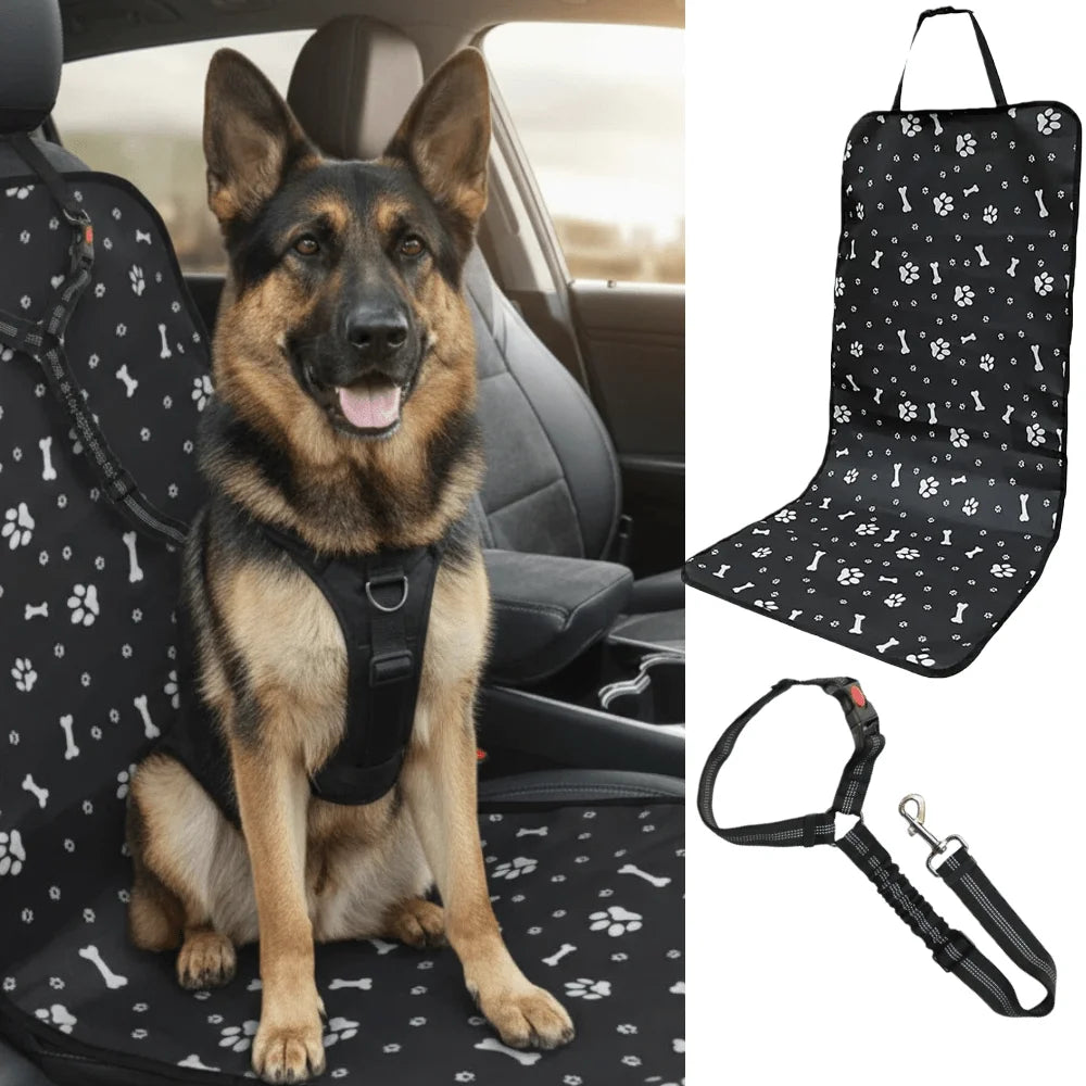 2 Pack Pet Car Travel Kit, Dog Car Seat Cover with Printed Anti-Scratch Pad & Adjustable Dog Leash, Universal Fit for Sedan & SUV, Waterproof Dirt-Proof Anti-Slip Scratch Resistant, Perfect for Daily Commute & Road Trip, Work