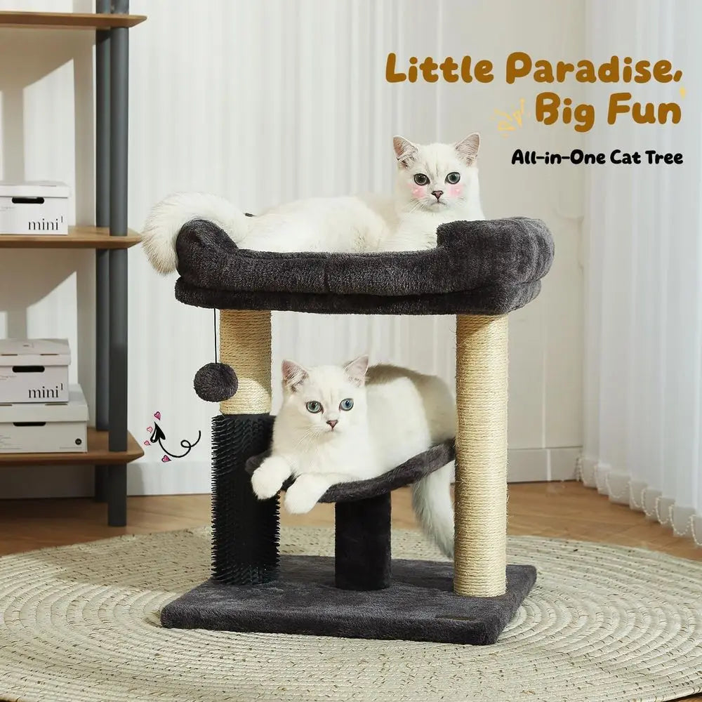 20-Inch Indoor Cat Tree Tower with Sisal Scratching Post, Plush Bed, Self-Groomer, and Hanging Toy Ball, Smoky Grey