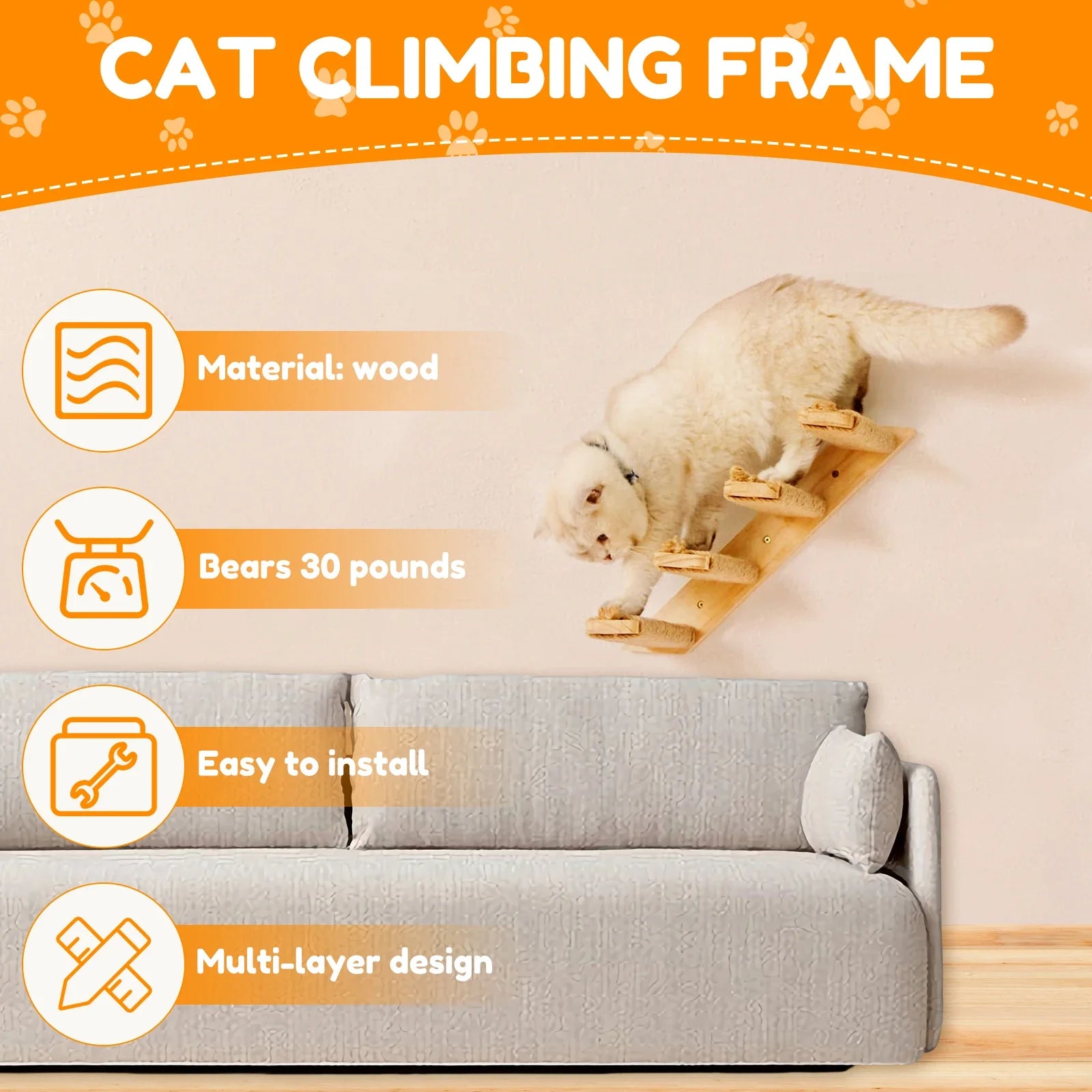 Cat Wall Stairs Wall Mounted Four Step Stairway Wood Cat Climbing Shelf With Sisal Rope Pet Furniture for Cat Platform Jumping
