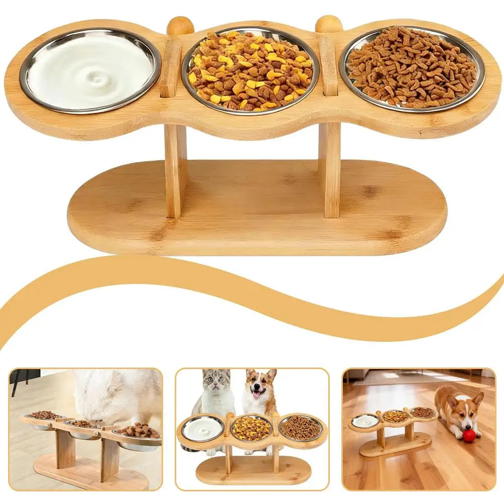 Cat Bowls Wood Elevated Dog Prevent Tipping Over Pet Bowl With 3 Stainless Steel Bowls Feeding & Watering Supplies For Pets