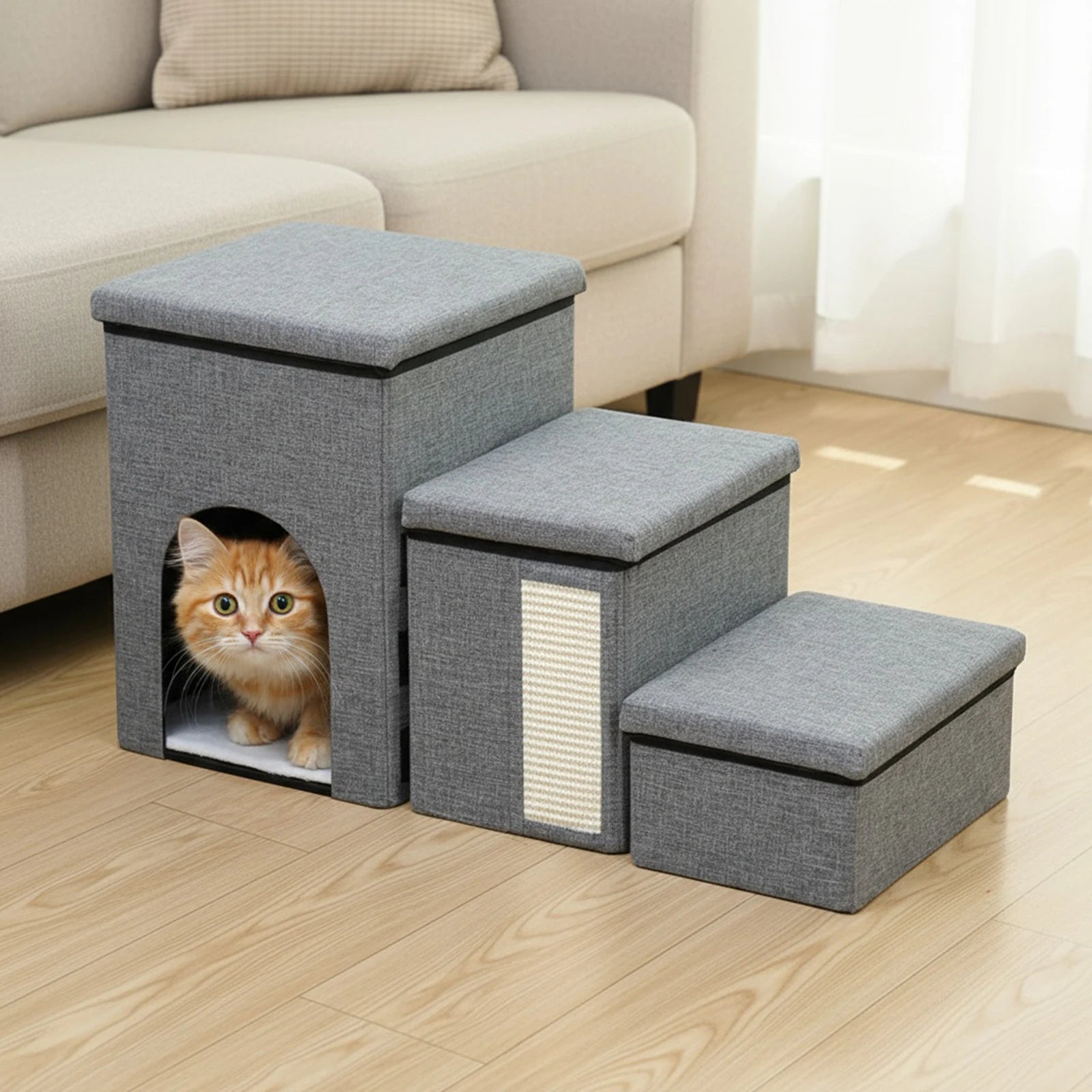 3 Levels Step Multifunctional Cat Bed Anti Slip Pet Stairway Storage Box Wear Resist Removable Storage Organizer for All Seasons