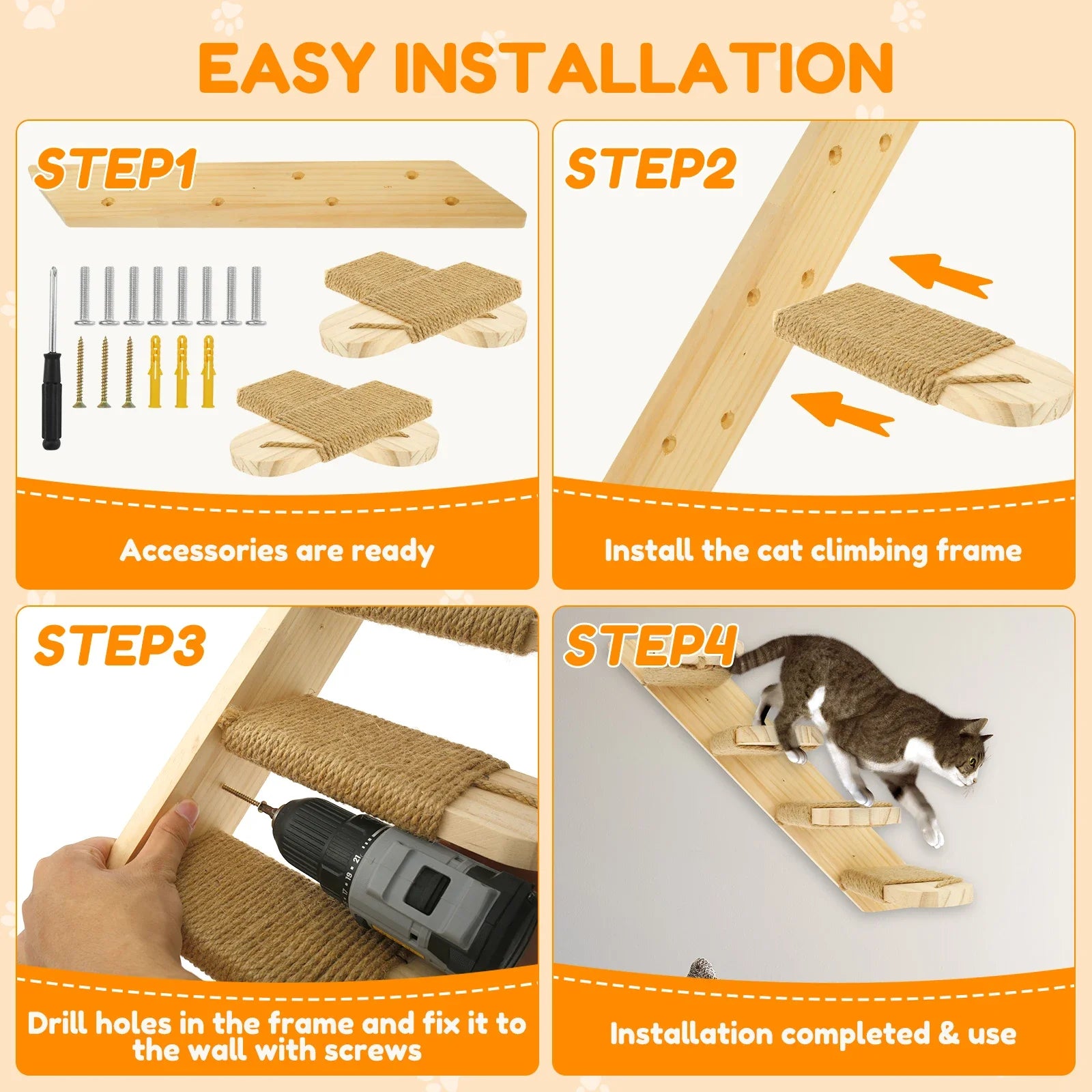 Cat Wall Stairs Wall Mounted Four Step Stairway Wood Cat Climbing Shelf With Sisal Rope Pet Furniture for Cat Platform Jumping
