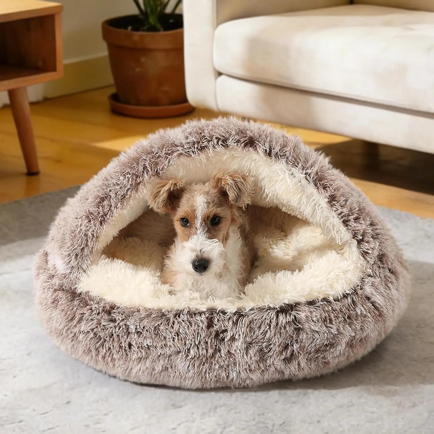 Round Hooded Donut Dog Bed for Small & Medium Pets - Plush Fluffy Anti-Anxiety Cat Cave Bed with Cover