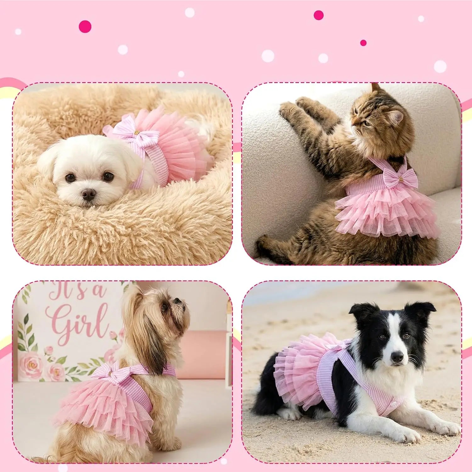 Pink Dog Dress with Bowknot Tutu for Small Dogs Cats Summer Pet Clothes