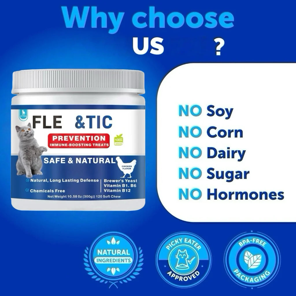 【120 Chews】Cat Flea&Tick Control Chewables - Taurine Supplement for Cats-Skin & Coat Health Support- Suitable for All Breeds