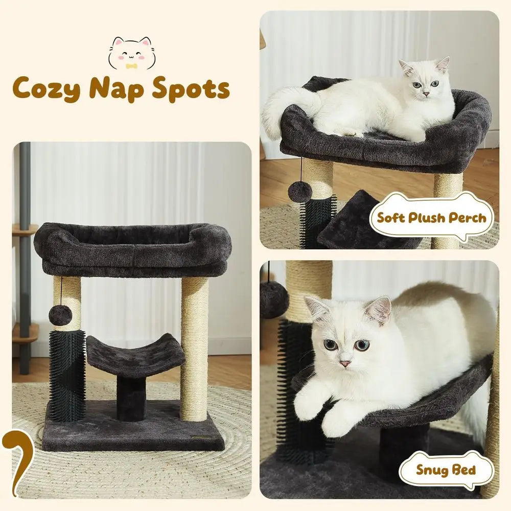 20-Inch Indoor Cat Tree Tower with Sisal Scratching Post, Plush Bed, Self-Groomer, and Hanging Toy Ball, Smoky Grey