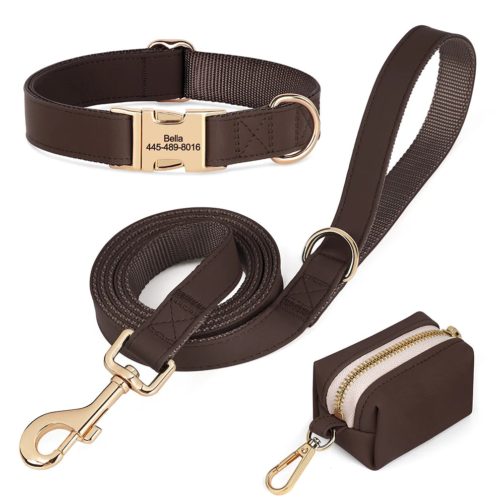 Personalized Dog Collar Leash Bag Set Custom PU Leather Dog Collars Colorful Pet Necklace With Leashes Poop Bag for Dogs Pug