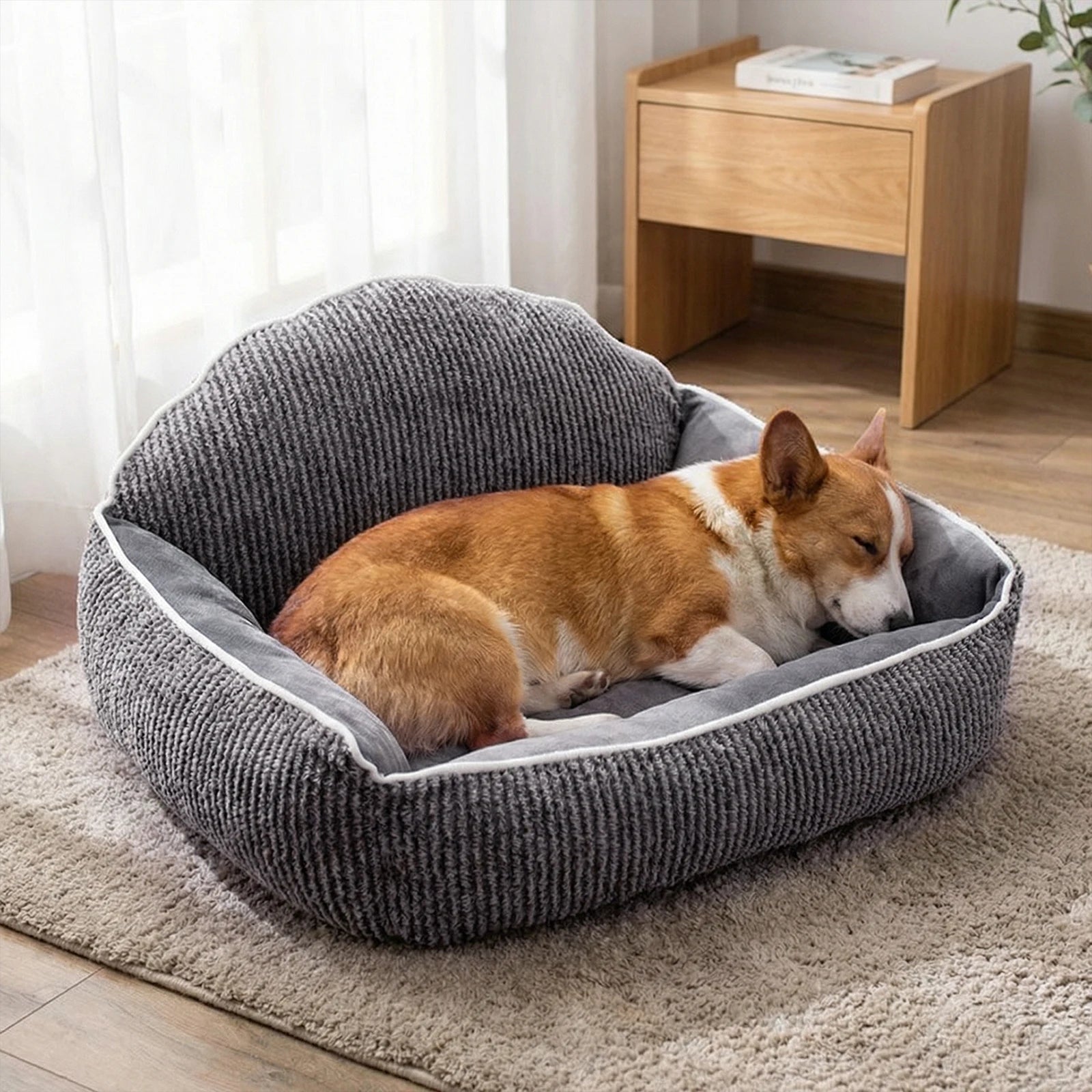 Striped Pet Sofa Bed 23.62x19.69in Plush Dog Bed Semi-Circular Shell Backp Design Machine-Washable for 0-50lbs Cats Dogs Rabbits