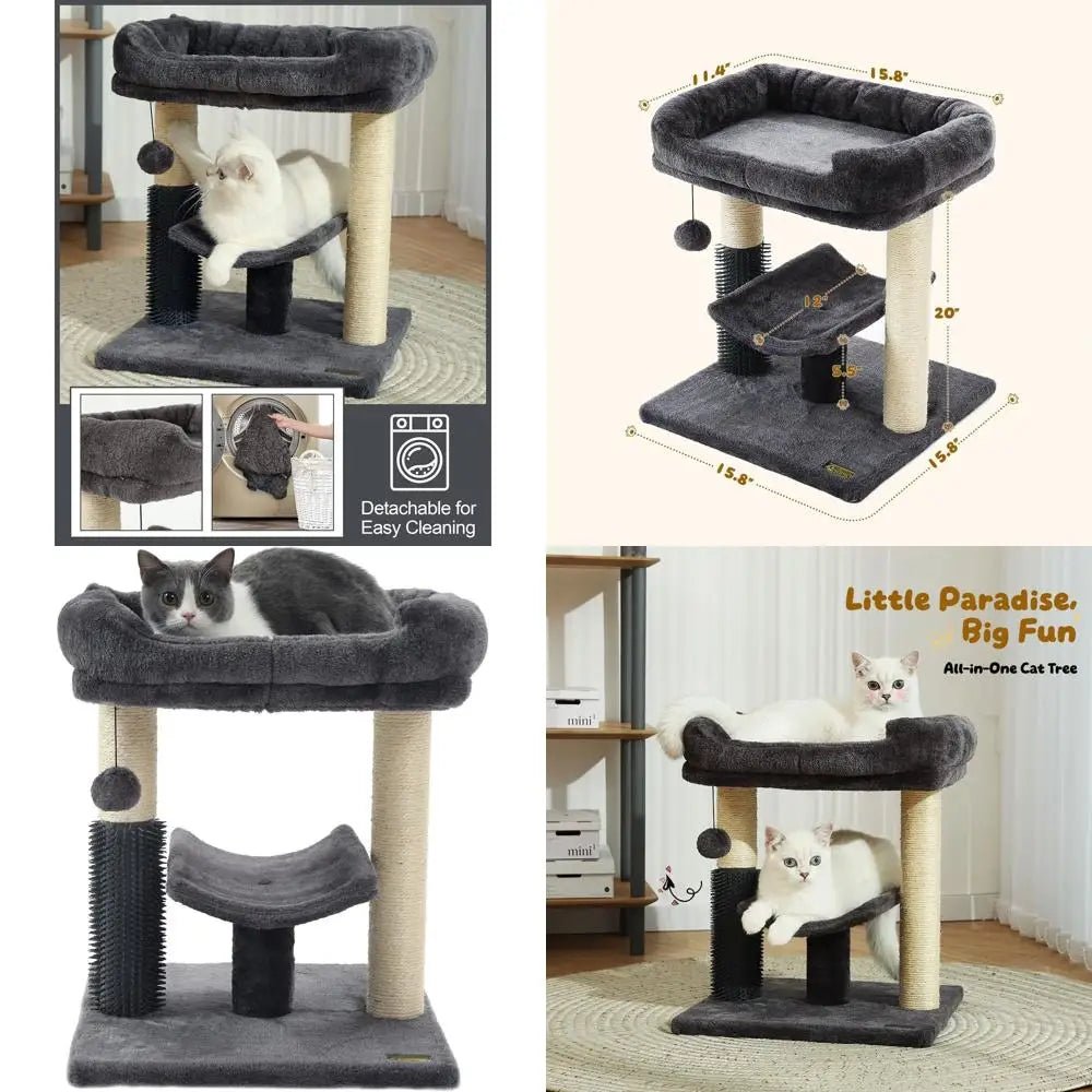 20-Inch Indoor Cat Tree Tower with Sisal Scratching Post, Plush Bed, Self-Groomer, and Hanging Toy Ball, Smoky Grey