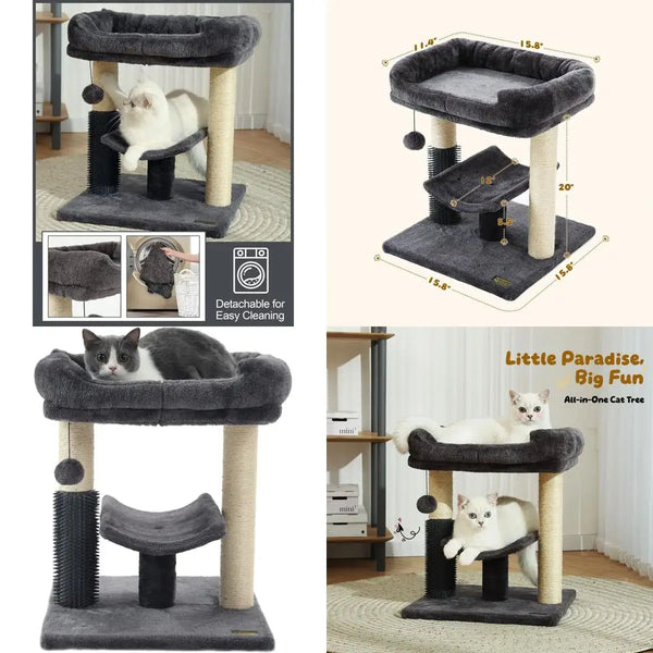 20-Inch Indoor Cat Tree Tower with Sisal Scratching Post, Plush Bed, Self-Groomer, and Hanging Toy Ball, Smoky Grey