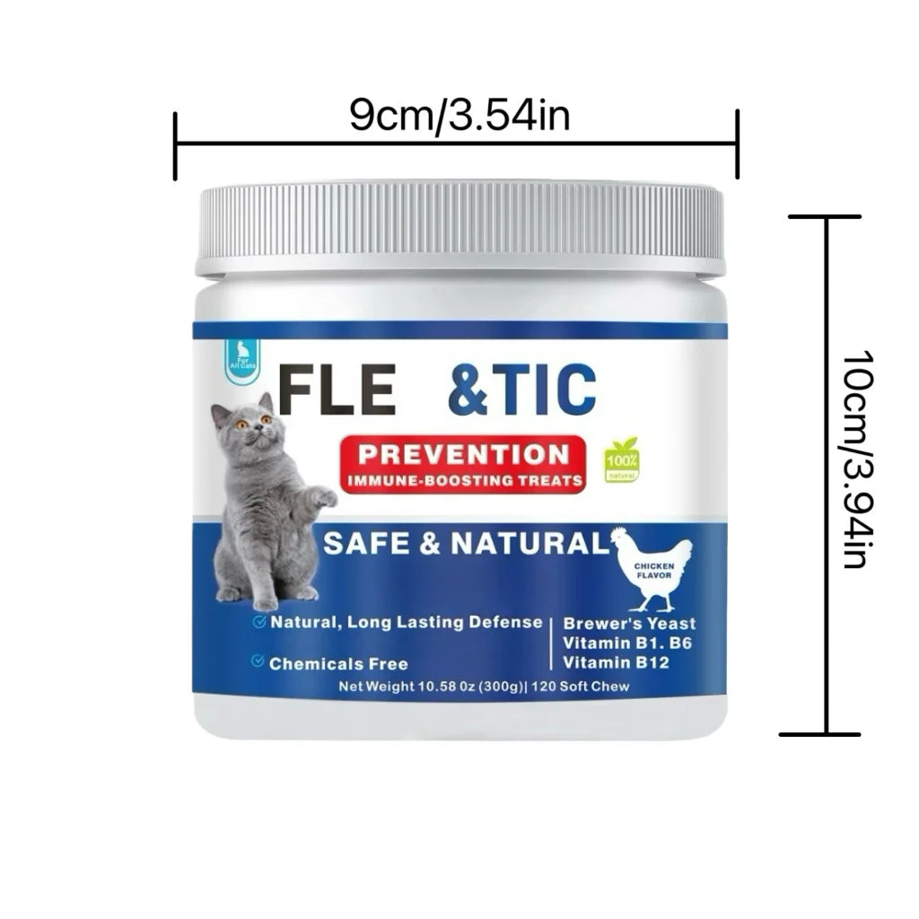 【120 Chews】Cat Flea&Tick Control Chewables - Taurine Supplement for Cats-Skin & Coat Health Support- Suitable for All Breeds